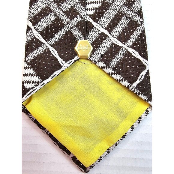Brown & White Plaid Patterned Tie With Yellow Accent By Liebert - Picture 7 of 9